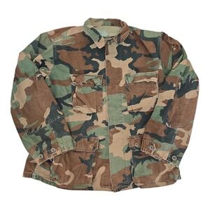 Military Woodland Camo Combat Jacket Medium-Regular Diatressed Long Sleeve